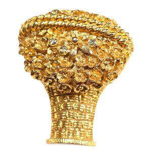 Avon Flower Basket Brooch Solid Perfume Locket Pin Signed Gold Toned Vintage 70s